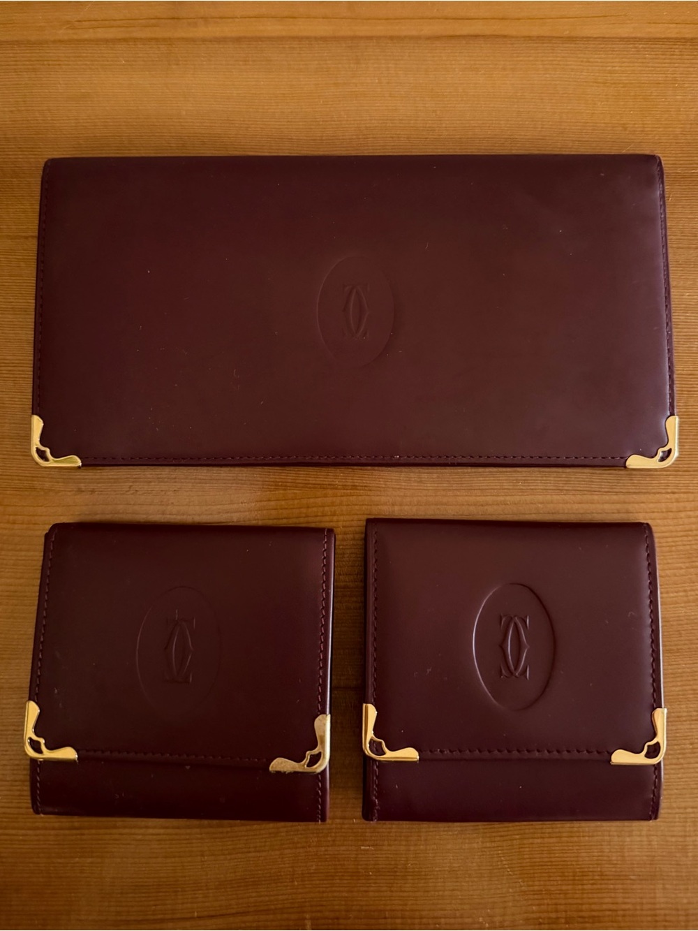 Cartier Bordeaux Burgundy Leather Card Case Wallet & Coin Purse Set of 3